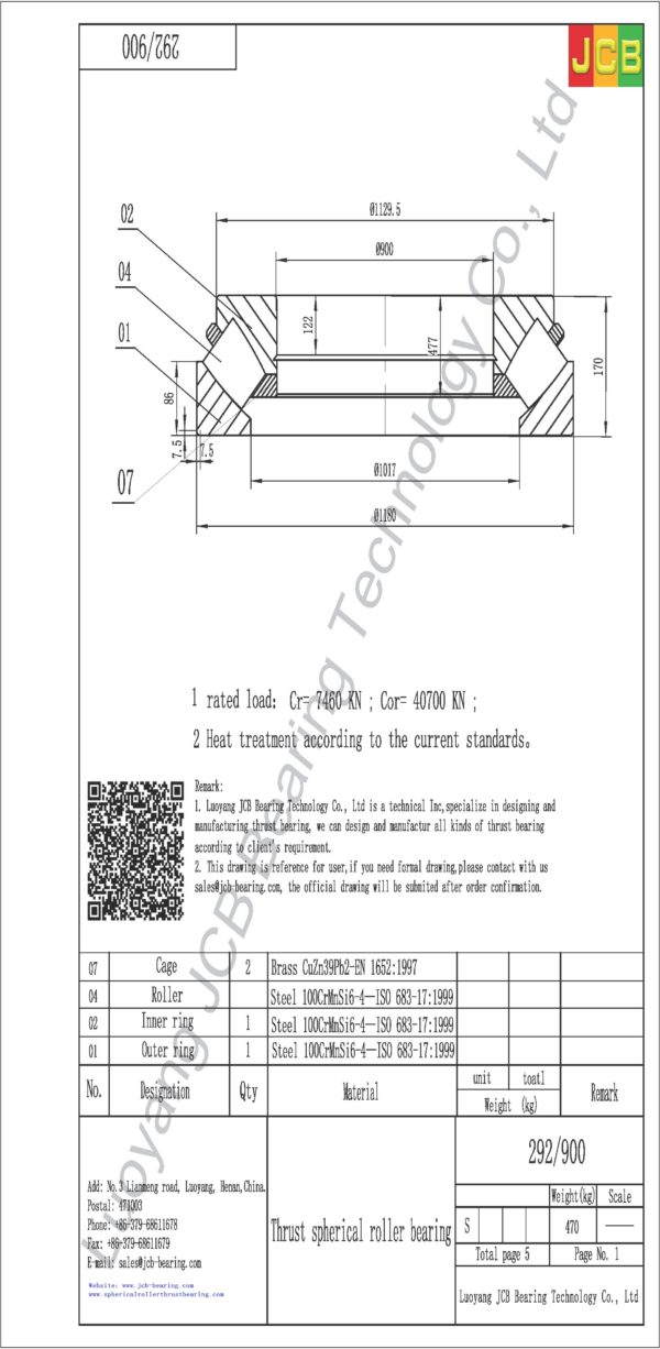 drawing of 292-900 spherical roller thrust bearing