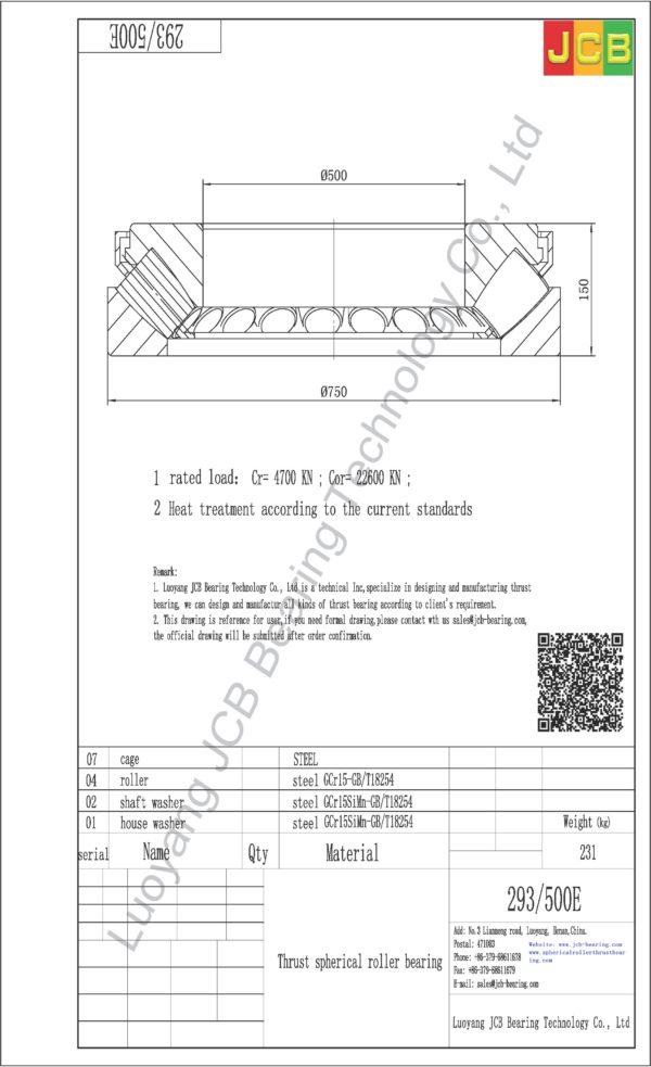 drawing of 293-500E spherical roller thrust bearing
