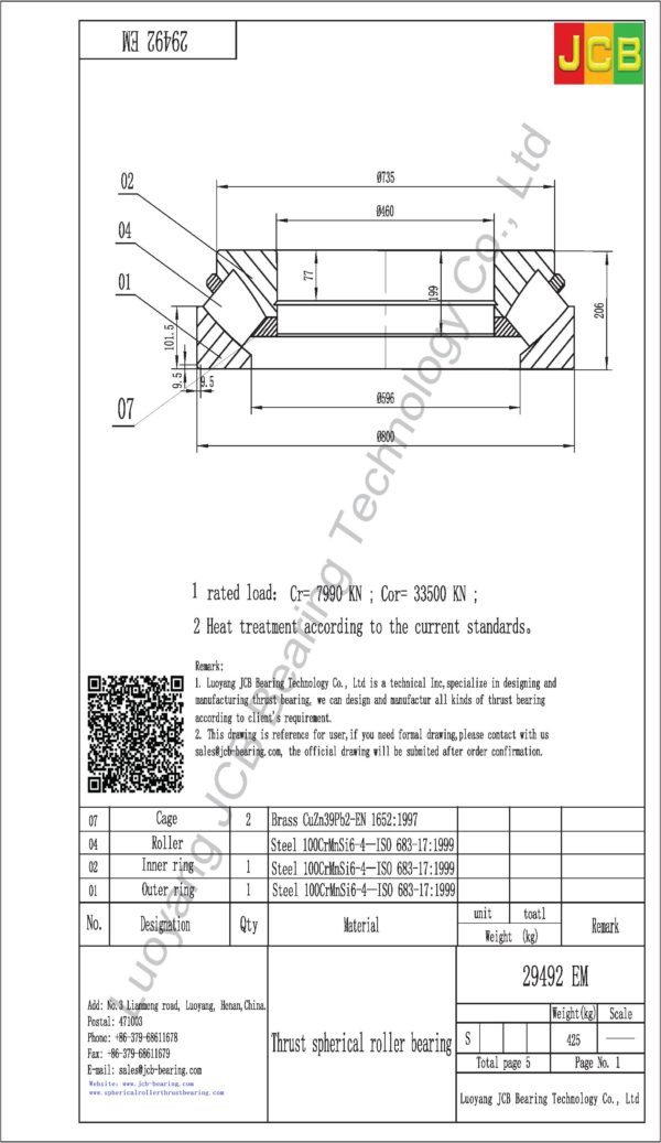 drawing of 29492 EM spherical roller thrust bearing